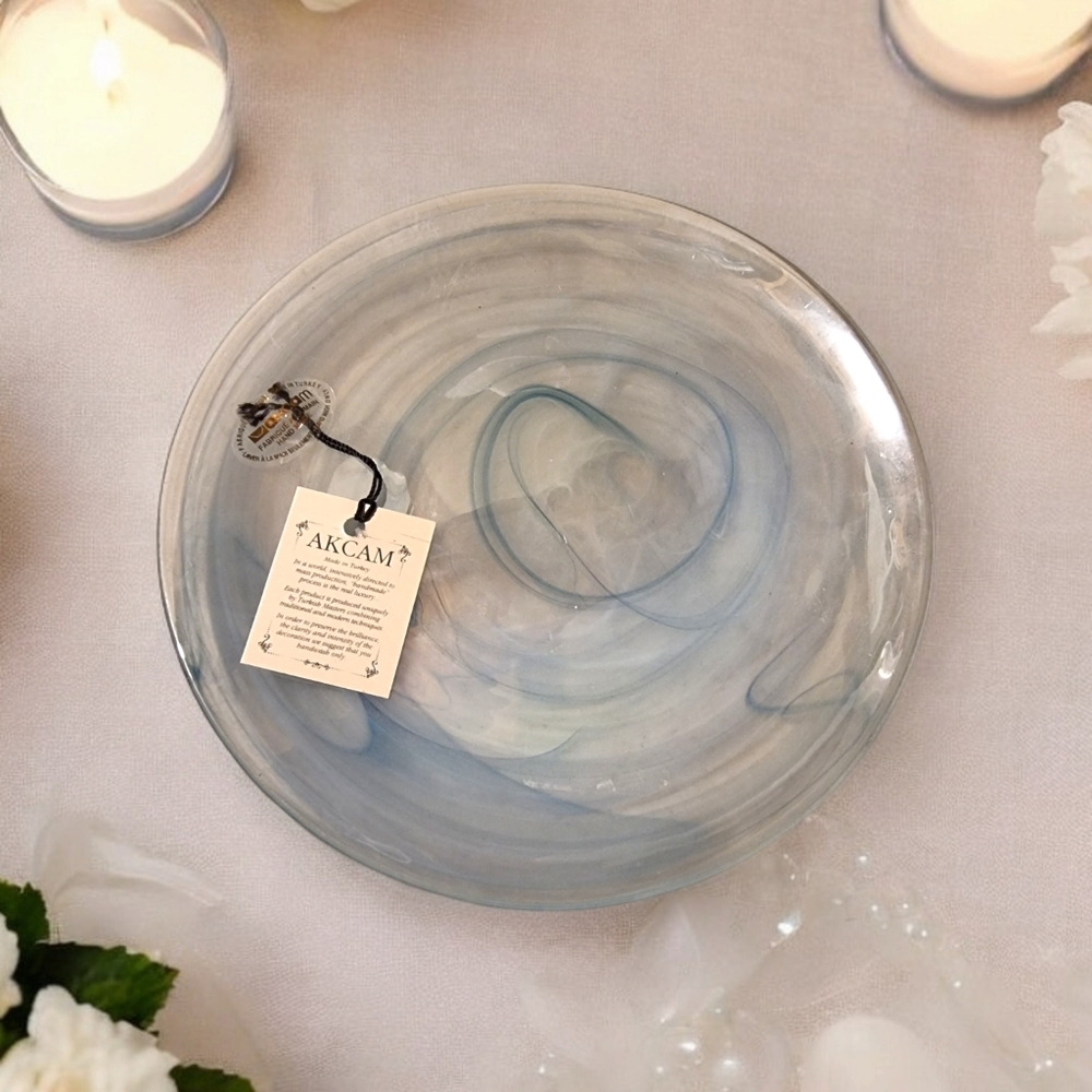 🆕️ AKCAM Blue Swirl Handmade Glass Art Plate From Turkey